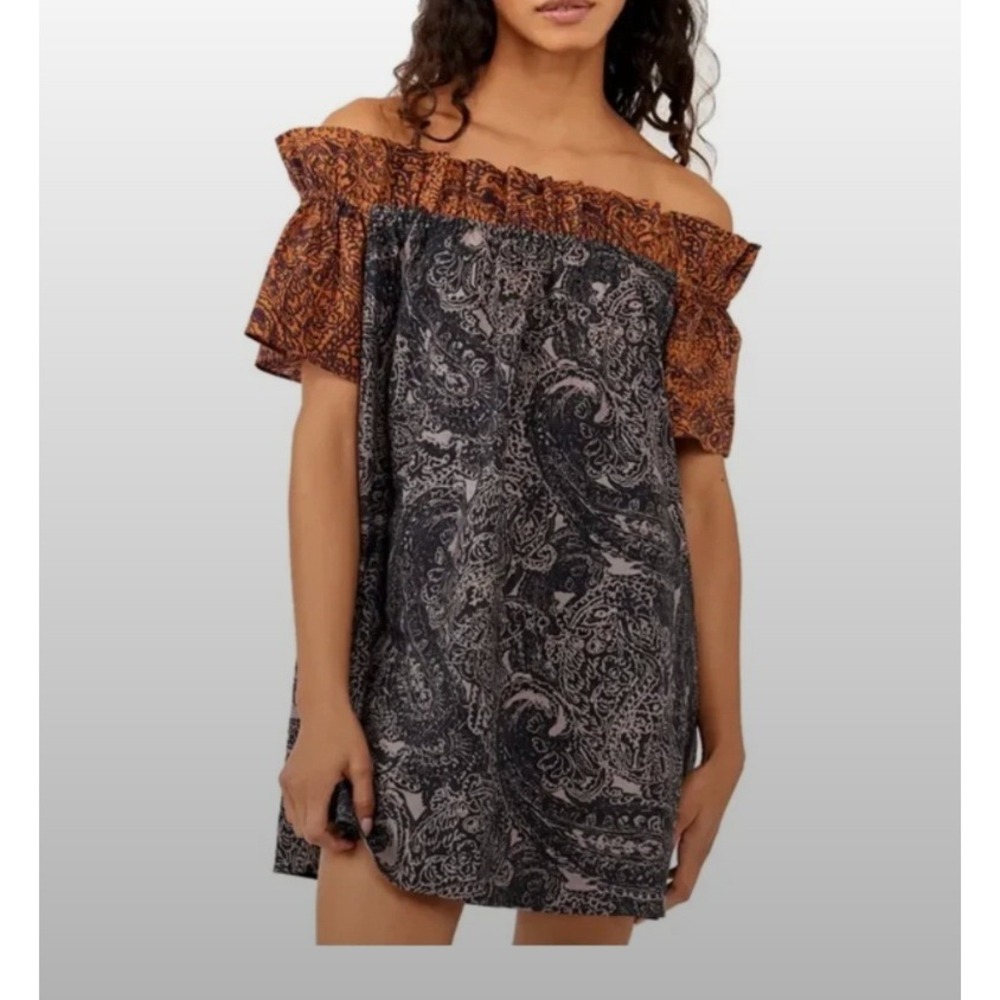 Free People Dress Womens Medium Black Brown Excellent Paisley Off Shoulder Mini
